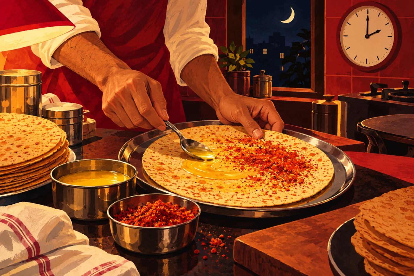 Illustration of hands adding ghee and masala to khakhra in a kitchen at 2 a.m.